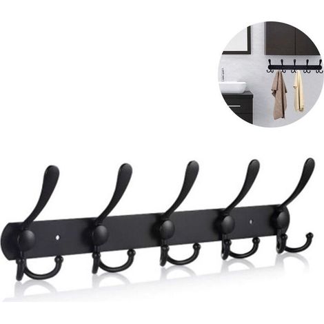 Wall-mounted coat rack, 40 x 4.2 cm – Black stainless steel – 5 hooks for coats, hats, bags – Maximum load 30 lbs (1/5)