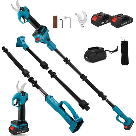 Sécateur électrique sans fil avec tige télescopique 2m, 2x1500mAh Coupe-branches sans fil, sans balais, 2 vitesses, diamètre de coupe 30mm, pierre à aiguiser et lames de rechange (1/5)