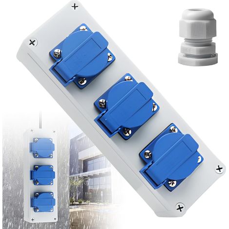 Répartiteur de prise 230 V : répartiteur mural à 3 voies Unité de distribution d'alimentation IP44, distributeur de courant de construction étanche 16 A avec 3 prises Schuko 230 V pour une (1/5)
