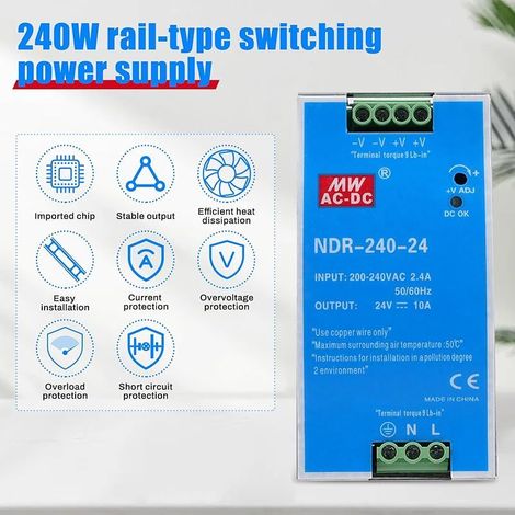 DIN Power 240W Rail switching power 24V Bloc d'alimentation pour Entrée AC 100-220V 2.4A, Sortie DC 24V 10A Plusieurs fonctions de protection Modèle industriel NDR-240W-24V. (1/5)