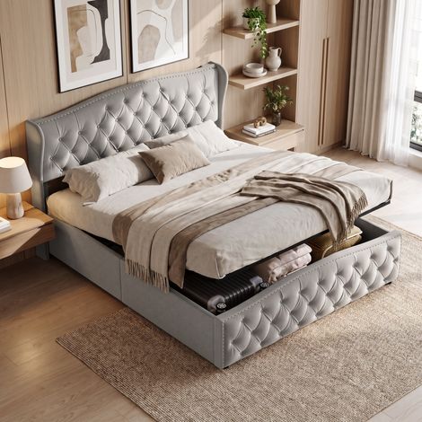 Superaly Lit Double avec rangement 140x190cm, Rangement hydraulique, Tête de lit capitonné, Fermeture éclair à rivets en losanges, Sommier à lattes, Lit adolescent de style scandinave, velours, Gris (1/5)