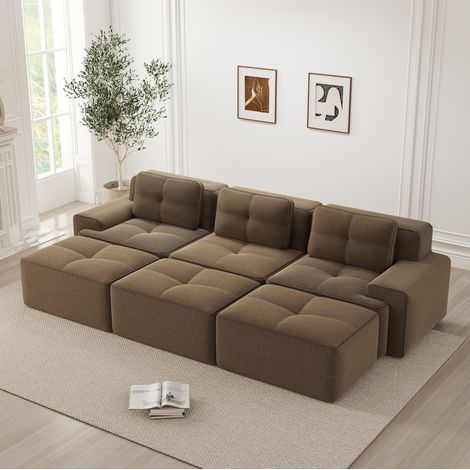 Divano modulare con funzione letto marrone in velluto a coste con 3 pouf e seduta profonda 74 cm (1/5)