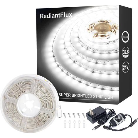 Bande lumineuse LED compacte, 12 V (version 24 V) à intensité variable et sécable, 10 m (32,8 pi), 600 LED, ruban LED ultra-lumineux pour salon, chambre, cuisine, miroir de salle de bain, bande lumine (1/5)