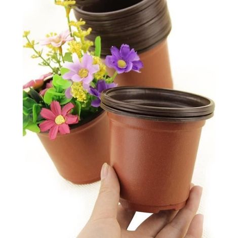 Lot de 100 Pots en Plastique pour semis et Plant, 10 cm - Marron - 8 Trous de Drainage (1/4)