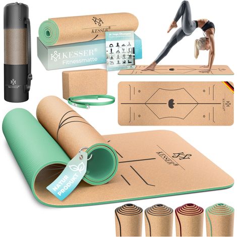 KESSER® Tappetino da yoga in sughero con borsa per il trasporto e tappetino da ginnastica yoga block tappetino da yoga antiscivolo in gomma naturale TPE tappetino da fitness  verde menta (1/5)