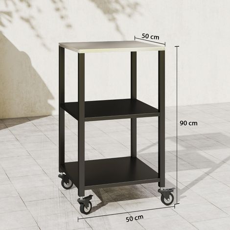 Grelley Grill Table à 3 niveaux avec surface de travail en acier inoxydable Roulettes Mobile Trolley 50 x 50 x 90 cm Noir