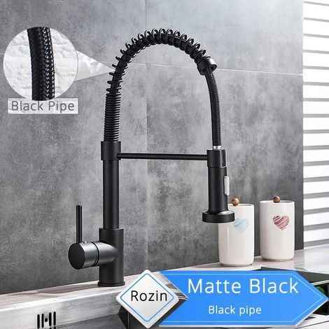 Robinet de cuisine noir mat avec douchette extractible, robinet de cuisine haut de gamme, double jet, flexible, mitigeur d'évier, eau chaude et froide. (1/5)