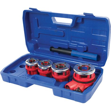 Silverline – Coffret de filières pour plomberie – 4 embouts en fonte avec peignes acier allié – Filetage précis sur tuyaux gaz noir et acier galvanisé (1/4)