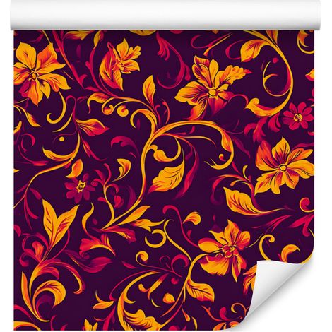 Papel pintado con intrincado estampado floral en color burdeos y ciruela, 50x1000 cm. (1/5)