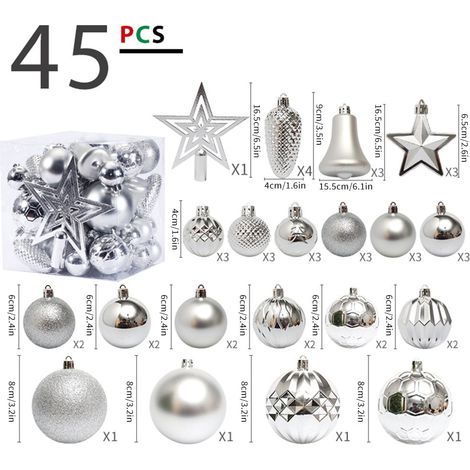 Ornement De Sapin De Noël - Lot De 45 Pièces En Plastique Incassable - Boules Étoiles Cloches Cônes Et Pyramides Avec Crochets - Décoration Universelle Pour Sapin Fenêtre Cheminée (1/3)