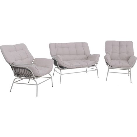 Lounge-Set HHG-736, Gartengarnitur Sofa Sitzgruppe, Stoff 220g/m² Poly-Rattan Metall hellgrau, Polster beige