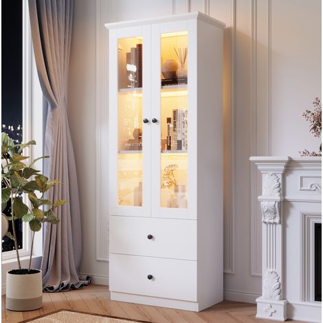MEUBLIV Vitrine LED blanche mate 60 x 35,5 x 165 cm avec 2 tiroirs et portes vitrées (1/5)