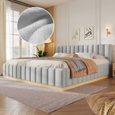 Lit double rembourré 180x200 cm avec tête de lit capitonnée, sommier à lattes, bords arrondis et structure basse, tissu chenille, gris (1/5)