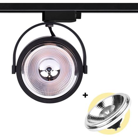 Pack Foco LED De Carril Monofásico + Bombilla LED AR111 GU10 - Blanco Cálido - Negro