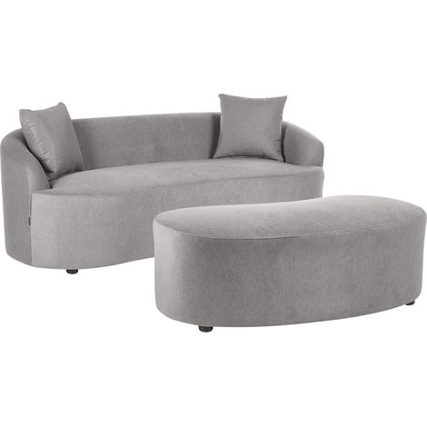 Sofa with Ottoman Grey Fabric Upholstered 2 Seater Oval Bean Shape Organic Style AMAL (1/5)