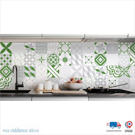 Crédence : Carreaux ciment gris et couleurs - Couleur Vert jaune - Alu composite - 60 - 120 (1/3)