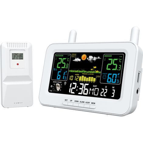 SJLERST Température et humidité intérieures et extérieures Réveil électronique LCD avec fonction snooze/fonction rétroéclairage Blanc 220V (1/5)
