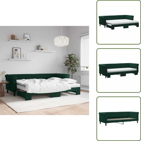 The Living Store Lit de jour avec gigogne et matelas vert foncé 80x200cm velours - Canapé Convertible - Lit Gigogne - Lit Deux Places - Meuble Multifonctionnel - Literie (1/5)