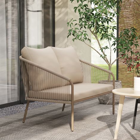 Canapé de jardin 2 places en résine tressée avec coussins canapé d'extérieur accoudoirs cadre en acier 112x72x76cm beige