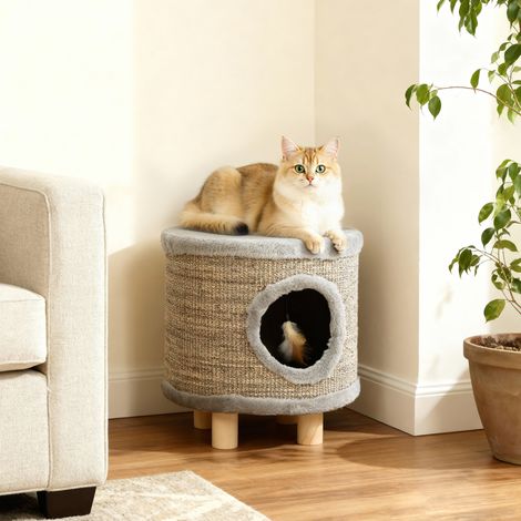 Maison pour chat 3 en 1, tabouret, repose-pieds, lit avec griffoir, pieds en bois, motif plumes, 36 x 36 x 38 cm, gris (1/5)