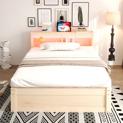 Cama con canapé 90 x 200 cm con enchufe, LED y almacenaje hidráulico, madera HAVRYA (1/5)