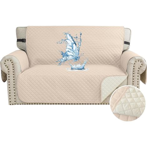 Waterproof 2-Seater Sofa Cover, Universal Non-Slip Sofa Cover, Sofa Cover with Armrests, Sofa Cover for Dogs and Cats, with Pockets, Beige (1/5)
