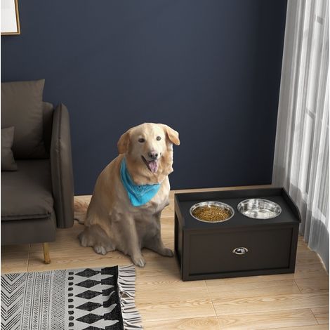 Comedero elevado para perro con 2 cuencos inox de 2 L y cajón, negro, OKWISH (1/5)