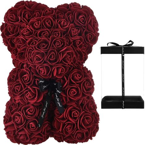 Ours En Roses - Ours Peluche Rose 25 Cm - Cadeau Saint Valentin Anniversaire - Boîte Transparente Bordeaux - 1 Pièce (1/5)