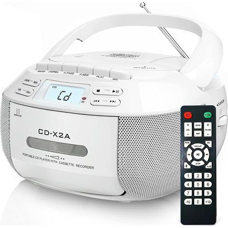 Reproductor de CD Boombox con Bluetooth, radio FM, reproducción USB/AUX, sonido estéreo con control remoto, grabación de cintas, alimentación CA/CC, reproductor de CD personal para el hogar (blanco) (1/4)