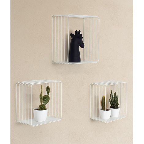 Lot de 3 étagères murales en métal Noir ou Blanc avec Bois de Bambou Facile à Suspendre Étagère Murale décorative Noire Petite étagère Murale métal (1/5)