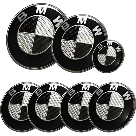 KIT 7 Badge LOGO Embleme BMW Carbone Noir Gris Capot 82mm+ Coffre 74mm +Volant + 4 x cache moyeu 68mm