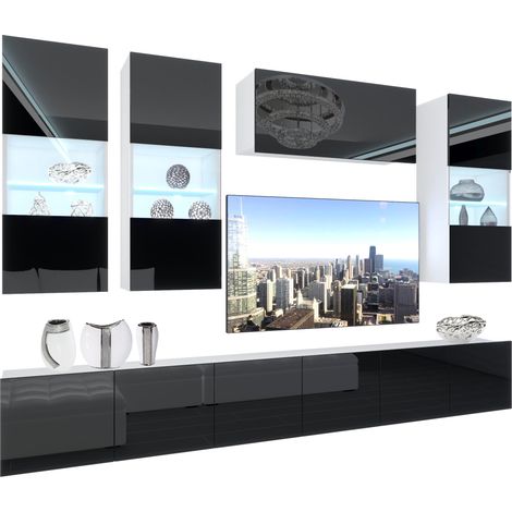 BELINI - Unité Murale TV NEX I Ensemble Muebles de Salon Complet I Ensemble Meuble TV avec Illumination LED I Dimensions: 300 x 180 x 36 cm I Coleur: Noir très Brillant (1/5)