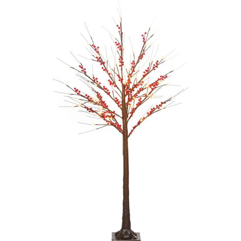 HOMCOM árbol de abedul artificial 150 cm, con 96 luces led, bayas rojas, temporizador y 12 ramas flexibles, para interior y exterior cubierto, marrón (1/5)