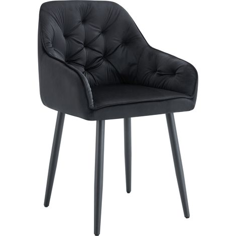 Lot 2 Chaises Salle à Manger Jade Accoudoirs Velours Noir Pieds Métal Noir 53,5x53x84cm (1/4)