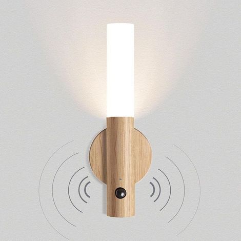 Kabellose Wandleuchte aus Holz, batteriebetrieben, mit Bewegungsmelder, wiederaufladbar, magnetisch, LED-Nachtlicht für Treppenhaus und Schlafzimmer, warmweiß (1/5)