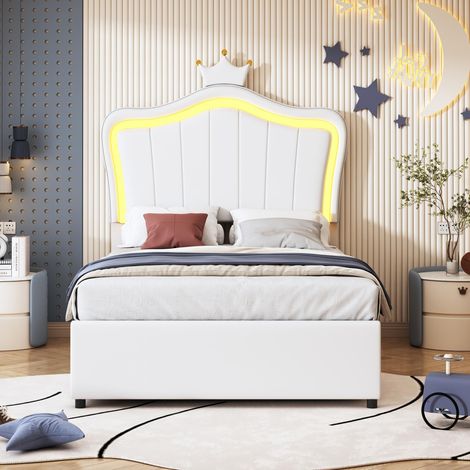 Lit coffre enfant 90x200 cm blanc, lit rembourré effet cuir avec LED, tête de lit couronne réglable, rangement hydraulique, sommier inclus, sans matelas (1/5)