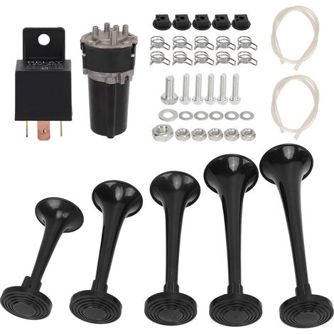 Klaxon pneumatique à 5 trompettes 130 dB CC 12 V, trompette électrique musicale pour camions, trains, bateaux et fourgonnettes (1/5)