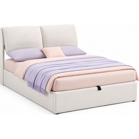 Lit coffre 140x200 capitonné en velours beige, avec trois tiroirs, sommier à lattes et tête de lit ajustable, rangement hydraulique – CHICFURN (1/5)