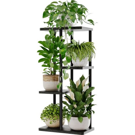 Support Plantes Interieur, Support Plante 4 Niveaux en Métal pour Multiple Plantes, Étagère à Fleurs d'Angle pour Intérieur et Extérieur, Noir (1/5)
