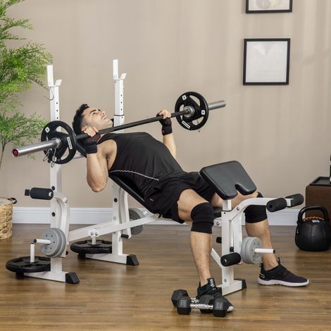 Banc de musculation avec presse à jambes, support barre et repose-bras – entraînement complet salle ou maison, noir et blanc (1/4)
