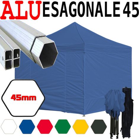 Gazebo 3x3 m blu pieghevole alluminio piantone esagonale 45mm portatile estendibile richiudibile estensibile acciaio con laterali per fiere eventi stand chiosco tenda tendone mercato mercatino (1/5)