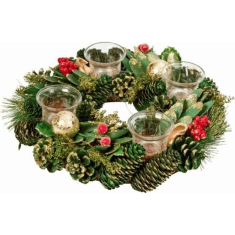 33cm Christmas Bauble Quartet Candle Holder with Pinecones and Red Berries (1/2)