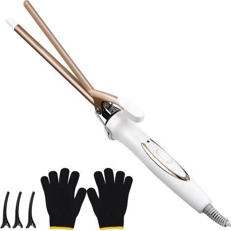 Rizador mini de cerámica turmalina de 9 mm, 120-220 °C, se calienta en 30 segundos, incluye 1 par de guantes y 3 pinzas para el cabello. (1/4)