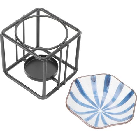 Porte-bougie chauffe-plat carré, diffuseur d'arômes pour huiles essentielles et encens, avec bol en céramique rayée. (1/5)