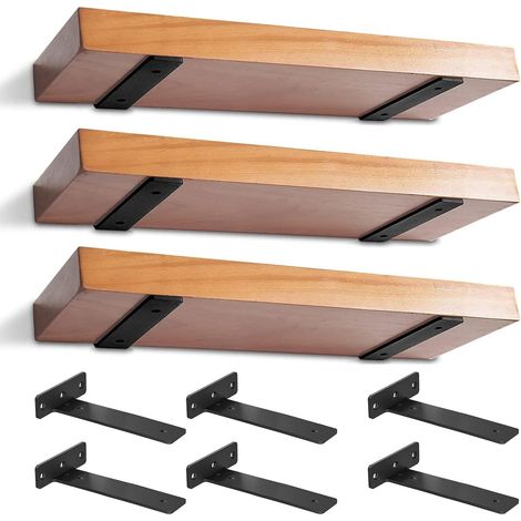 6 Pièces - Équerre étagère murale - Support métal fer - Fixation invisible pour étagères flottantes DIY - Usage intérieur extérieur - Noir - 30x0,5 cm (1/5)