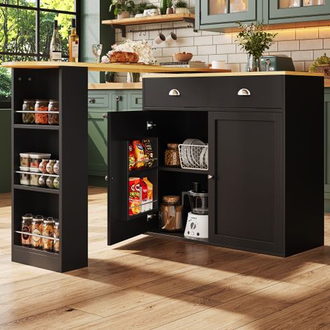 Table extensible et pivotante à 360° avec rangement, 2 portes et 2 tiroirs, porte-épices, en MDF, noir