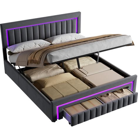 Cama tapizada 180x200 cm con cajones y LED, terciopelo gris oscuro, somier de láminas y refuerzo metálico, para dormitorio moderno y elegante – CHICFURN (1/5)