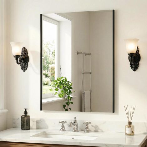 Miroir de salle de bain, rectangulaire, 50 x 70 cm, anti-buée, avec nano-revêtement et fixation magnétique, miroir de salle de bain sans cadre inoxydable pour salle de bain, toilettes (1/5)