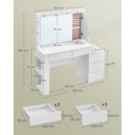 Coiffeuse moderne avec éclairage LED et miroir 40 x 125 x 140 cm ambiance chic en panneaux d’aggloméré blanc (1/2)