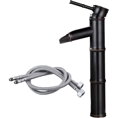 Cascade de conception en bambou en bronze ancien - nouveau robinet commercial moderne en acier inoxydable en bronze noir 3 connexions robinet d'évier de salle de bain sans drain pop-up, noir (1/5)